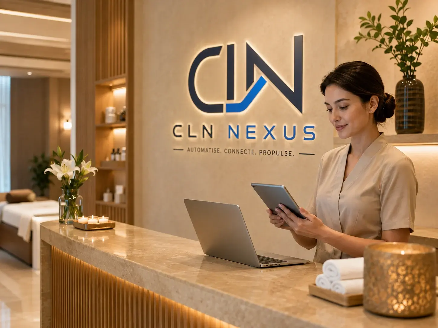 Illustration CLN Nexus : une professionnelle du bien-être organise ses rendez-vous sur tablette