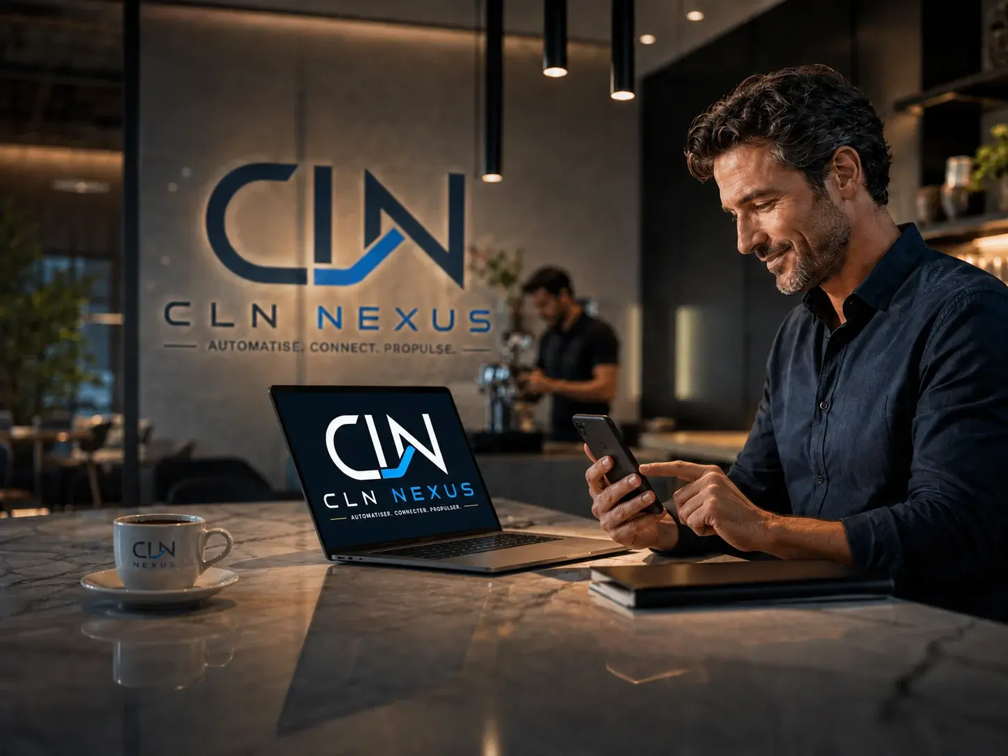 Illustration CLN Nexus : un entrepreneur consulte ses outils sur ordinateur et téléphone