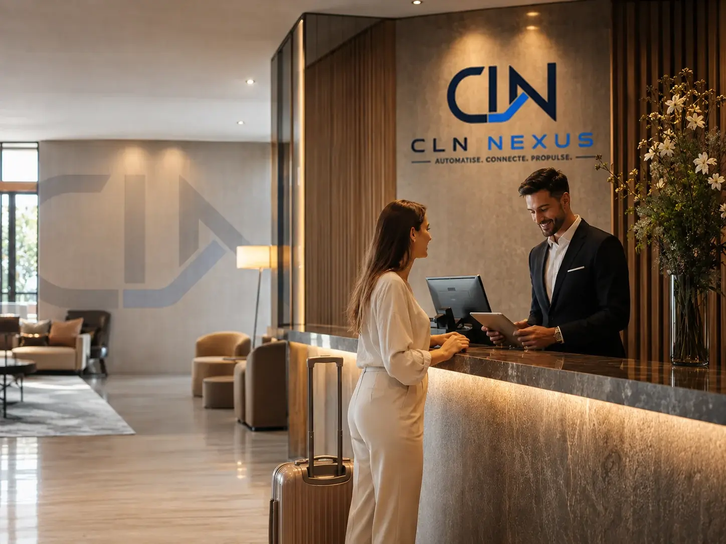 Illustration CLN Nexus : accueil d’une voyageuse à la réception d’un hôtel