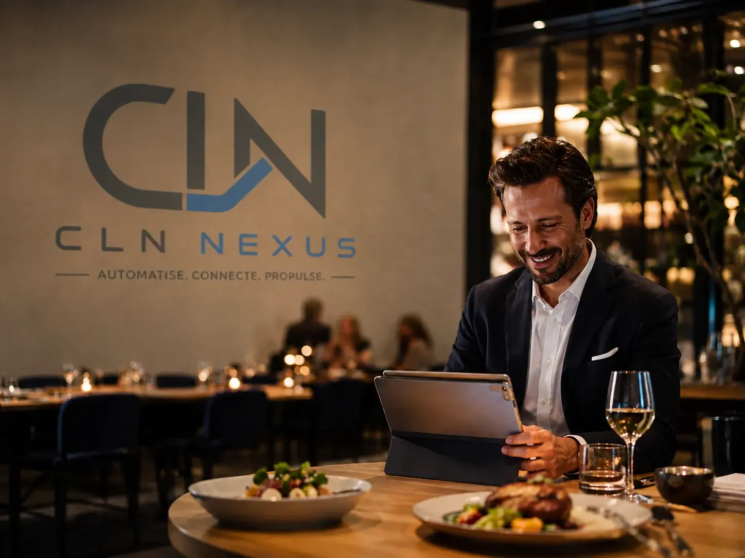 Illustration CLN Nexus : un restaurateur utilise une tablette dans son établissement