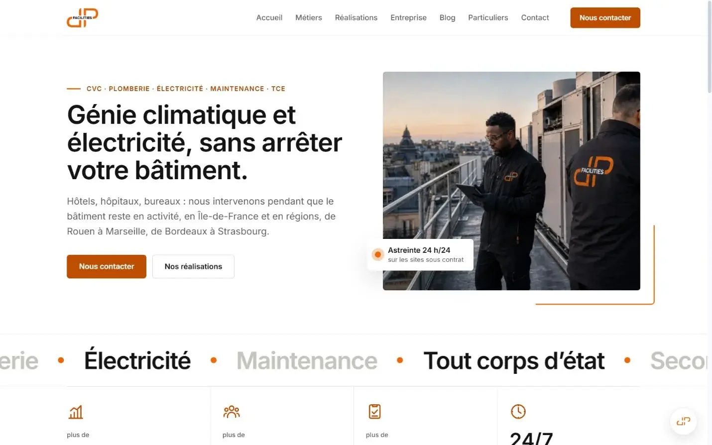 Capture réelle du site J&P Facilities réalisé par CLN Nexus.