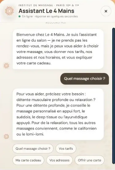 Capture de l’assistant installé sur le site du 4 Mains Paris : accueil, question « Quel massage choisir ? » et réponse