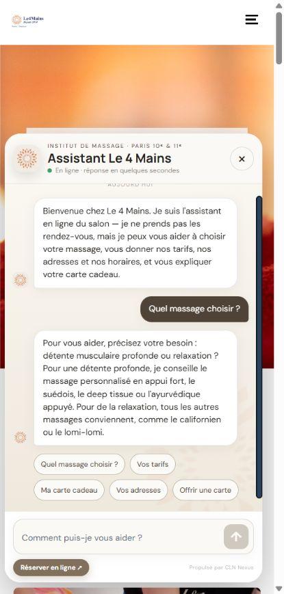 Capture réelle : l’assistant répond à la question Quel massage choisir ?