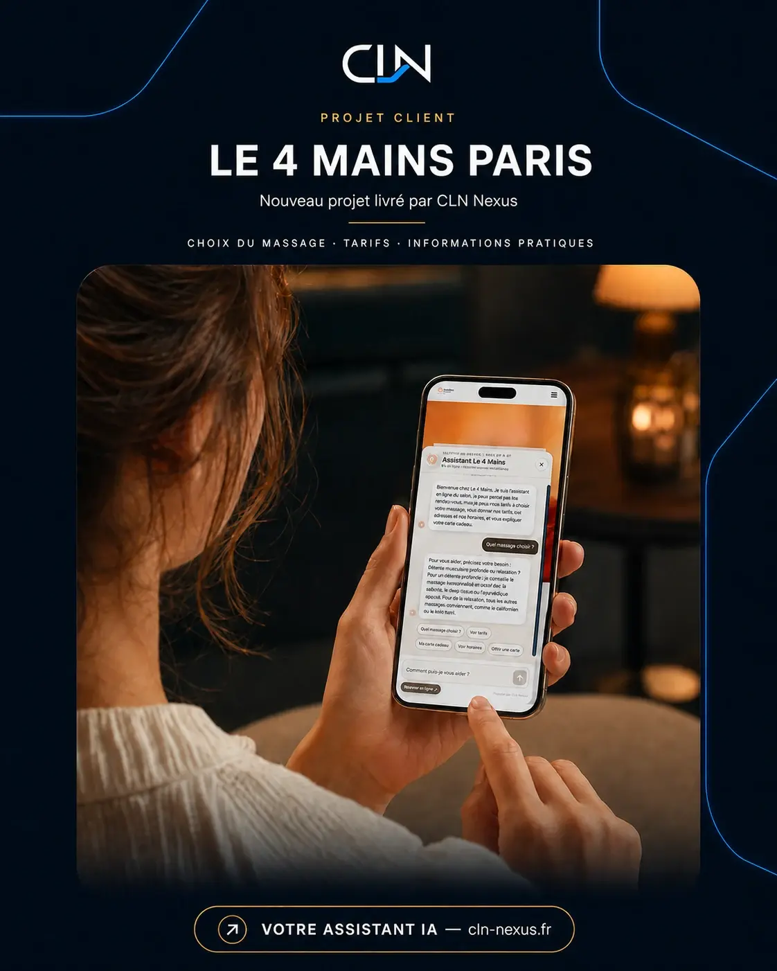 Nouveau projet livré par CLN Nexus : l’assistant de Le 4 Mains Paris, illustré par une femme utilisant son téléphone.